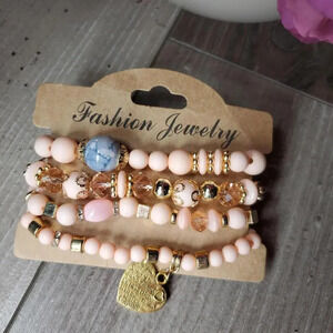 NWT High Quality 4pc/Set Boho Multi Layer Glass Beaded Bracelets Pink Gold